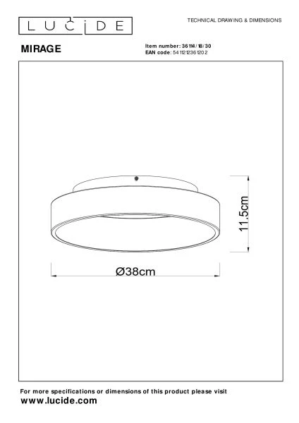 Lucide MIRAGE - Plafonnier - Ø 38 cm - LED Dim. - 1x22W 2700K - Noir - technique